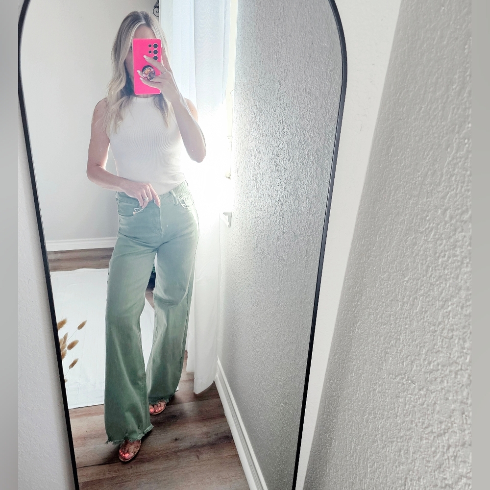 RISEN High Rise Wide Leg Olive Denim Jeans Classic Frayed Hem Size 1/25 NEW - Picture 15 of 15